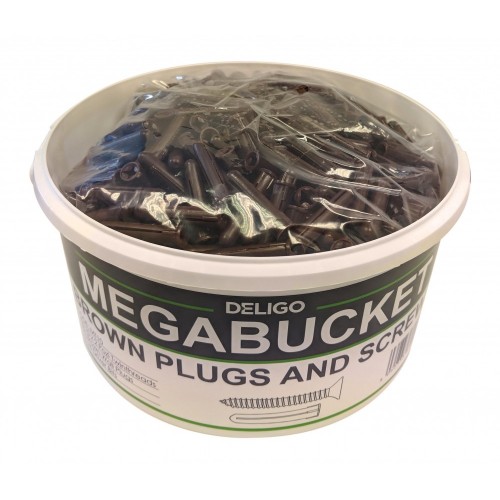Deligo MT10 Mega Bucket Trade Tub With 400 Brown Plastic Wall Plugs. 400 M10 x 2 Inch Twin Thread Woodscrews & 2 Pozi Driver Bits