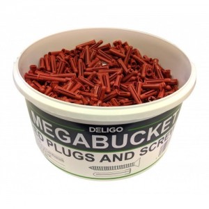 Deligo MTB Mega Bucket Trade Tub With 500 Red Plastic Wall Plugs. 500 M8 x 1½ Inch Twin Thread Woodscrews & 2 Pozi Driver Bits