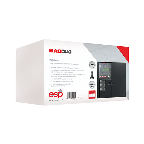 ESP MAGDUO2BKIT MAGDUO Black 2 Zone Bi-Wire Fire Alarm Kit With Panel, 7 x Optical Smoke / Heat Detectors, 2 x Call Points & Head Removal Tool