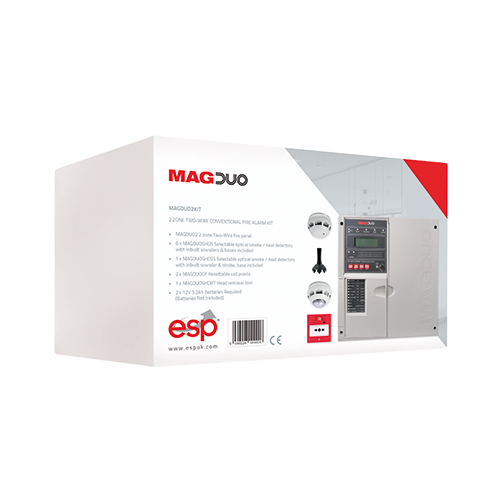 ESP MAGDUO2KIT MAGDUO Grey 2 Zone Bi-Wire Fire Alarm Kit With Panel, 7x Optical Smoke / Heat Detectors, 2x Re-settable Call Points & Head Removal Tool