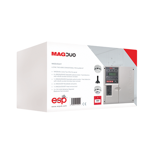 ESP MAGDUO4KIT MAGDUO Grey 4 Zone Bi-Wire Fire Alarm Kit With Panel, 7x Optical Smoke / Heat Detectors, 2x Re-settable Call Points & Head Removal Tool