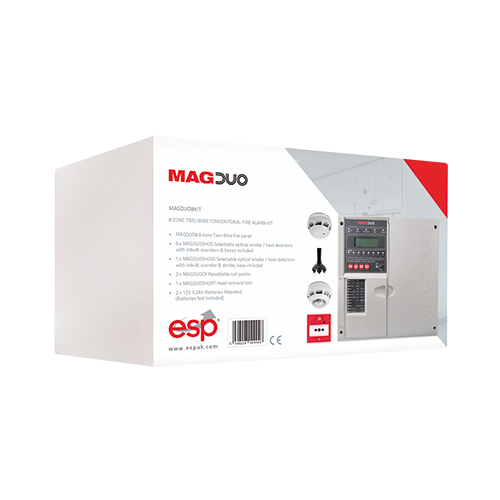 ESP MAGDUO8KIT MAGDUO Grey 8 Zone Bi-Wire Fire Alarm Kit With Panel, 7x Optical Smoke / Heat Detectors, 2x Re-settable Call Points & Head Removal Tool