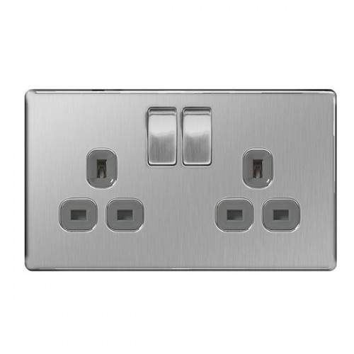 BG Electrical FBS22G Flatplate Brushed Steel Screwless 2 Gang Switched Socket With Grey Inserts & Dual Earth 13A