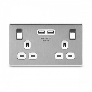 BG Electrical FBS22U3W Nexus Flatplate Brushed Steel Screwless 2 Gang Switched Socket With 2 x 3.1A USB Charging Sockets & White Inserts 13A