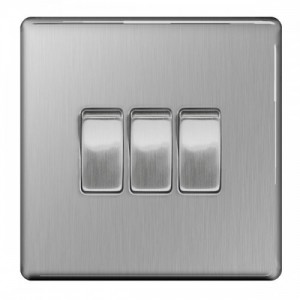 BG Electrical FBS43 Flatplate Brushed Steel Screwless 3 Gang 2 Way Plateswitch 20Amp 16Ax