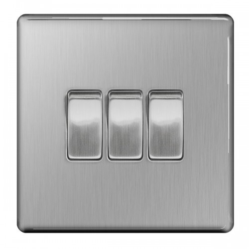 BG Electrical FBS43 Flatplate Brushed Steel Screwless 3 Gang 2 Way Plateswitch 20Amp 16Ax