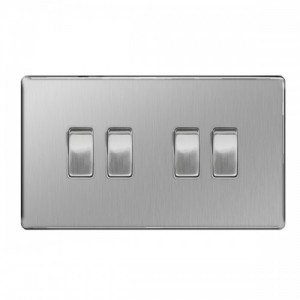 BG Electrical FBS44 Flatplate Brushed Steel Screwless 4 Gang 2 Way Plateswitch 20Amp 16Ax