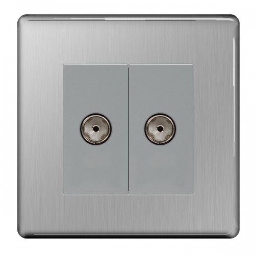 BG Electrical FBS63 Nexus Flatplate Brushed Steel Screwless Twin Isolated Co-Axial TV Socket - Supplied As Euro Module Kit