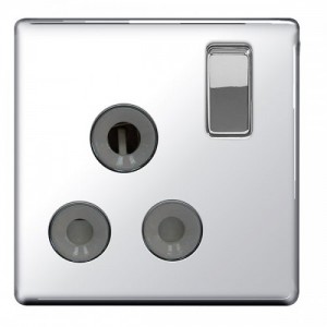 BG Electrical FPC99G Nexus Flatplate Polished Chrome Screwless 1 Gang Round Pin Switched Socket With Grey Insert 15A