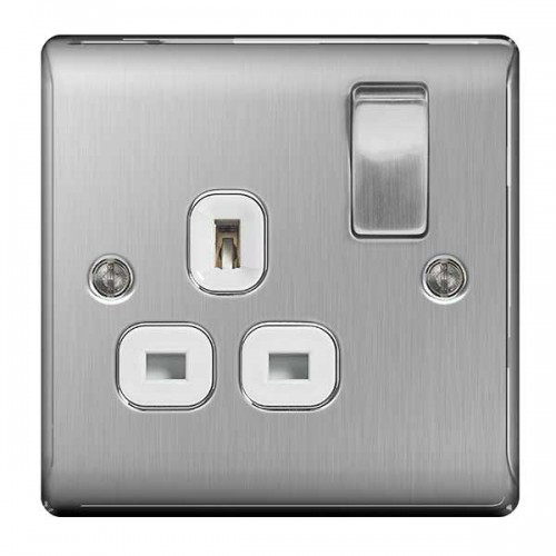 BG Electrical NBS21W Nexus Raised Edge Brushed Steel Screwed 1 Gang Switched Socket With White Insert & Dual Earth 13A