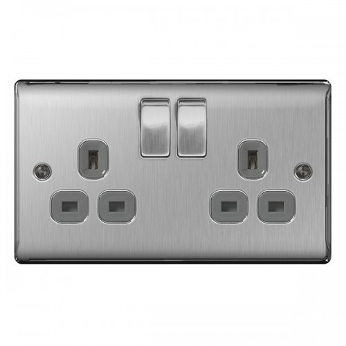 BG Electrical NBS22G Nexus Raised Edge Brushed Steel Screwed 2 Gang Switched Socket With Grey Inserts & Dual Earth 13A