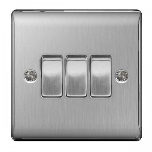 BG Electrical NBS43 Nexus Raised Edge Brushed Steel Screwed 3 Gang 2 Way Plateswitch 20A 16Ax