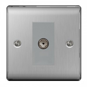 BG Electrical NBS62 Nexus Raised Edge Brushed Steel Screwed Single Isolated Co-Axial TV Socket - Supplied As Euro Module Kit