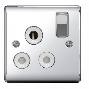 BG Electrical NPC99W Nexus Raised Edge Polished Chrome Screwed 1 Gang Round Pin Switched Socket With White Insert 15A