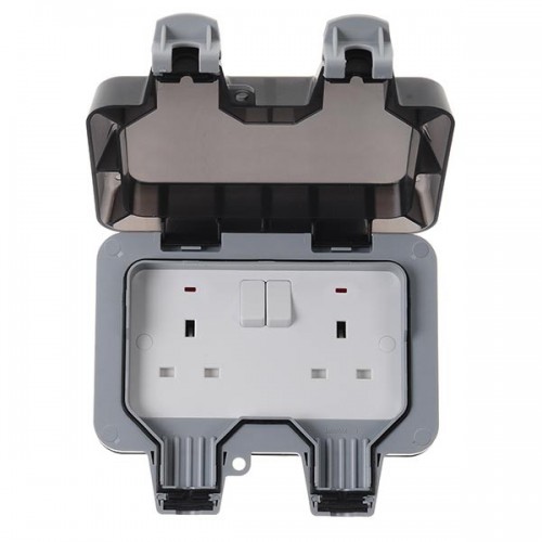 BG Electrical WP22 Nexus Storm Grey 2 Gang Double Pole Switched Socket With Neon & Weatherproof Enclosure IP66 13A