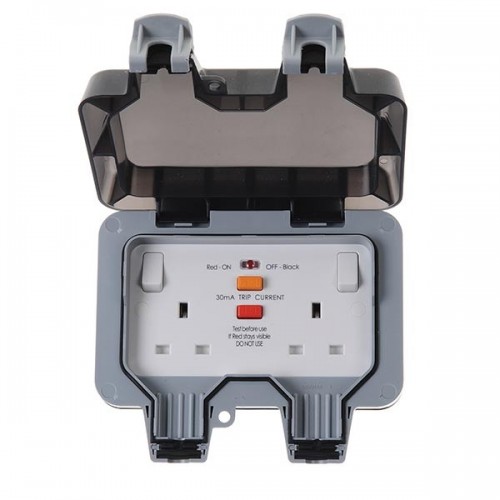 BG Electrical WP22ARCD Nexus Storm Grey 2 Gang Double Pole Latching (Passive) RCD Switched Socket With Weatherproof Enclosure IP66 13A 30mA BG Electrical WP22ARCD Nexus Storm Grey 2 Gang Double Pole Latching (Passive) RCD Switched Socket With Weatherproof Enclosure IP66 13A 30mA