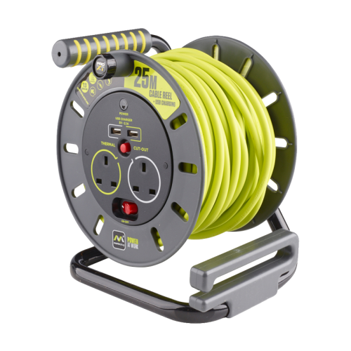 BG Electrical OMU25132USL Pro XT Power Green/Grey Plastic 2 Gang Open Cable Reel With 2 x USB Charging Sockets, 25m Lead & 3-Pin Plug 13A