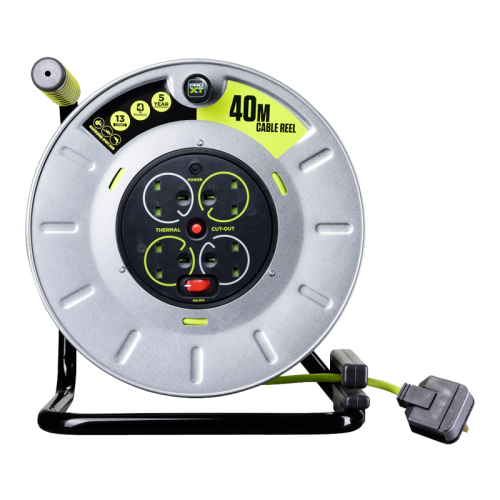 BG Electrical OTLU40134SL Pro XT Power Metal 4 Gang Open Cable Reel With 40m Lead & 3-Pin Plug 13A