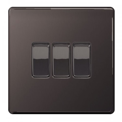 BG Electrical FBN43 Flatplate Black Nickel Screwless 3 Gang 2 Way Plateswitch 20A 16Ax