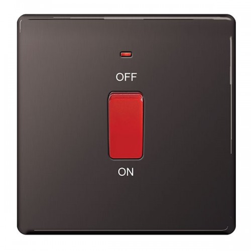 BG Electrical FBN74 Flatplate Black Nickel Screwless DP Control Switch With Neon & Red Rocker On 1 Gang Plate 45A