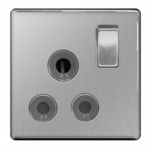 BG Electrical FBS99G Nexus Flatplate Brushed Steel Screwless 1 Gang Round Pin Switched Socket With Grey Insert 15A