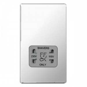 BG Electrical FPC20G Nexus Flatplate Polished Chrome Screwless Dual Voltage Shaver Socket With Grey Insert Shaver Socket 115V/240V