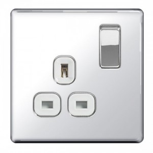 BG Electrical FPC21W Nexus Flatplate Polished Chrome Screwless 1 Gang Switched Socket With White Insert & Dual Earth 13A