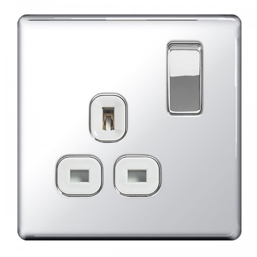 BG Electrical FPC21W Flatplate Polished Chrome Screwless 1 Gang Switched Socket With White Insert & Dual Earth 13A
