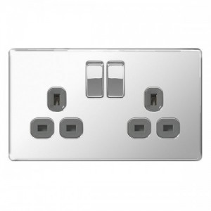 BG Electrical FPC22G Nexus Flatplate Polished Chrome Screwless 2 Gang Switched Socket With Grey Inserts & Dual Earth 13A