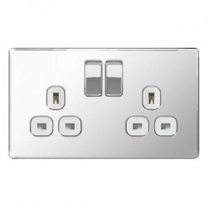 BG Electrical FPC22W Nexus Flatplate Polished Chrome Screwless 2 Gang Switched Socket With White Inserts & Dual Earth 13A