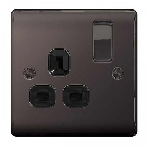 BG Electrical NBN21B Nexus Raised Edge Black Nickel Screwed 1 Gang Switched Socket With Black Insert & Dual Earth 13A