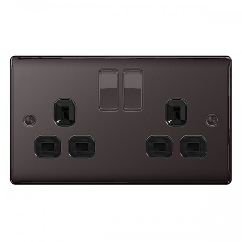 BG Electrical NBN22B Nexus Raised Edge Black Nickel Screwed 2 Gang Switched Socket With Black Inserts & Dual Earth 13A