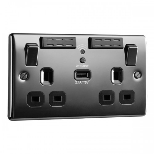 BG Electrical NBN22UWRB Nexus Raised Edge Black Nickel Screwed 2 Gang Single Pole Wi-Fi Range Extender Switched Socket With 1 x 2.1A USB Sockets 13A