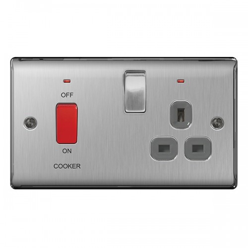 BG Electrical NBS70G Nexus Raised Edge Brushed Steel Screwed Double Pole Cooker Control Unit With Main Isolation Switch, 13A Switchsocket & Neons 45A