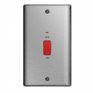 BG Electrical NBS72 Nexus Raised Edge Brushed Steel Screwed DP Control Switch With Neon & Red Rocker On Large 2 Gang Vertical Plate 45A