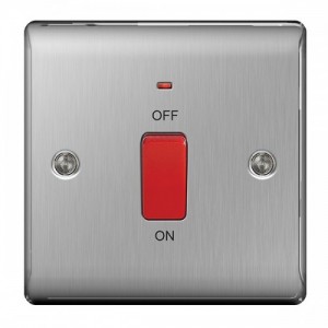 BG Electrical NBS74 Nexus Raised Edge Brushed Steel Screwed DP Control Switch With Neon & Red Rocker On 1 Gang Plate 45A