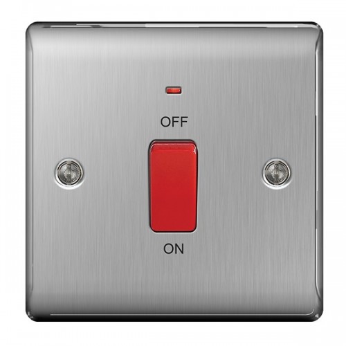 BG Electrical NBS74 Nexus Raised Edge Brushed Steel Screwed DP Control Switch With Neon & Red Rocker On 1 Gang Plate 45A