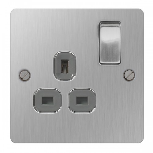 BG Electrical SBS21G Nexus Flat Plate Stainless Steel Brushed Switched 1 Gang DP Socket c/w Grey Insert 13A
