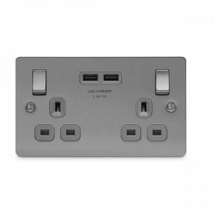 BG Electrical SBS22U3G Nexus Flat Plate Stainless Steel Brushed Swd 2G SP Outboard Rockers 2xUSB Socket c/w Grey Insert 13A 3.1A