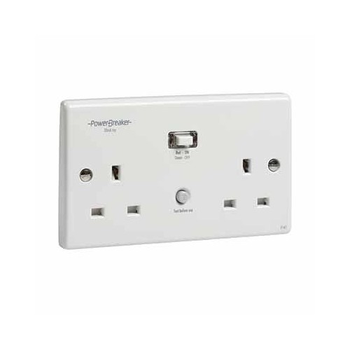 Greenbrook Electrical H22-WP PowerBreaker White Moulded 2 Gang Latching (Passive) RCD Unswitched Socket 13A 30mA