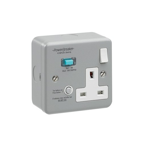 Greenbrook Electrical K21MPAAN10-C PowerBreaker Metalclad 1 Gang Type A Non-Latching Active) RCD Switched Socket With Mounting Box 13A 10mA