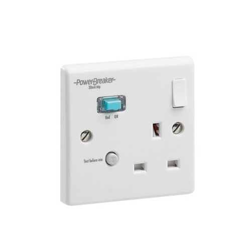 Greenbrook Electrical K21WPAAN10-C PowerBreaker White Moulded 1 Gang Type A Non-Latching Active) RCD Switched Socket 13A 10mA
