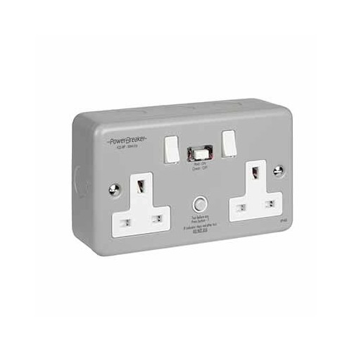 Greenbrook Electrical K22-MP PowerBreaker Metalclad 2 Gang Latching (Passive) RCD Switched Socket 13A 30mA