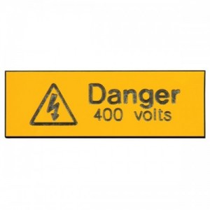 Industrial Signs IS1205EN Black On Yellow Rigid Engraved Warning Label - DANGER 400 VOLTS (Pack Size 5) 75mm x 25mm