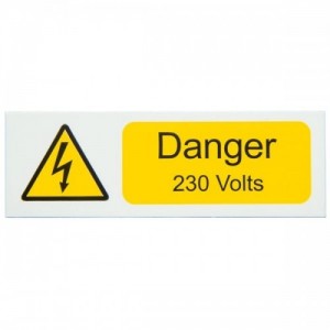 Industrial Signs IS2110SA Black On Yellow Self Adhesive Vinyl Warning Label - DANGER 230 VOLTS (Pack Size 10) 75mm x 25mm