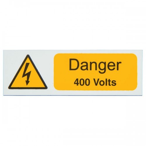 Industrial Signs IS2605RP Black On Yellow Self Adhesive Rigid Warning Label - DANGER 400 VOLTS (Pack Size 5) 75mm x 25mm