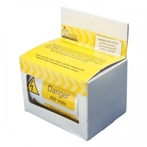 Industrial Signs IS2810OR Black On Yellow Self Adhesive Vinyl Warning Label Roll - DANGER 400 VOLTS (Pack Size 250) 75mm x 25mm