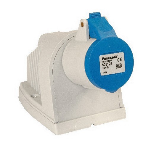 Lewden 508126 topTER Blue Plastic 2P+E 6H 90° Angled Wall Mounted Socket Outlet IP44 16A 240V