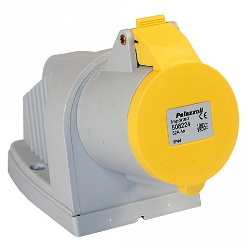 Lewden 508224 topTER Yellow Plastic 2P+E 4H 90° Angled Wall Mounted Socket Outlet IP44 32A 110V