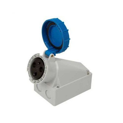 Lewden 509326 topTER Blue Plastic 2P+E 6H 90° Angled Wall Mounted Socket Outlet IP67 63A 240V